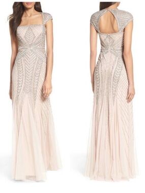 Adrianna Papell Blush Beaded Cap-Sleeve Illusion Back Gown